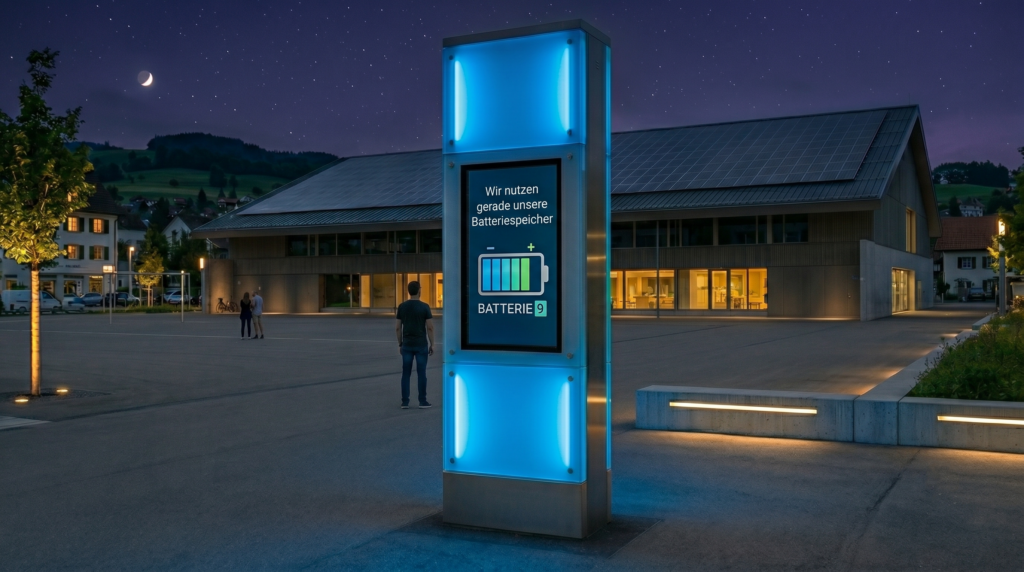 Energiespeicherbüro | Energieprojekt Schweiz, REQ Plus, REQ+, Lichttafel Nacht